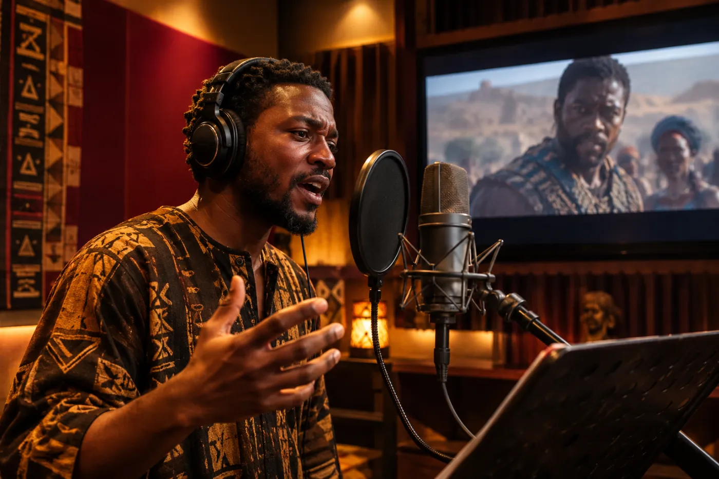 Studio de doublage avec un comédien africain devant un micro et un écran vidéo