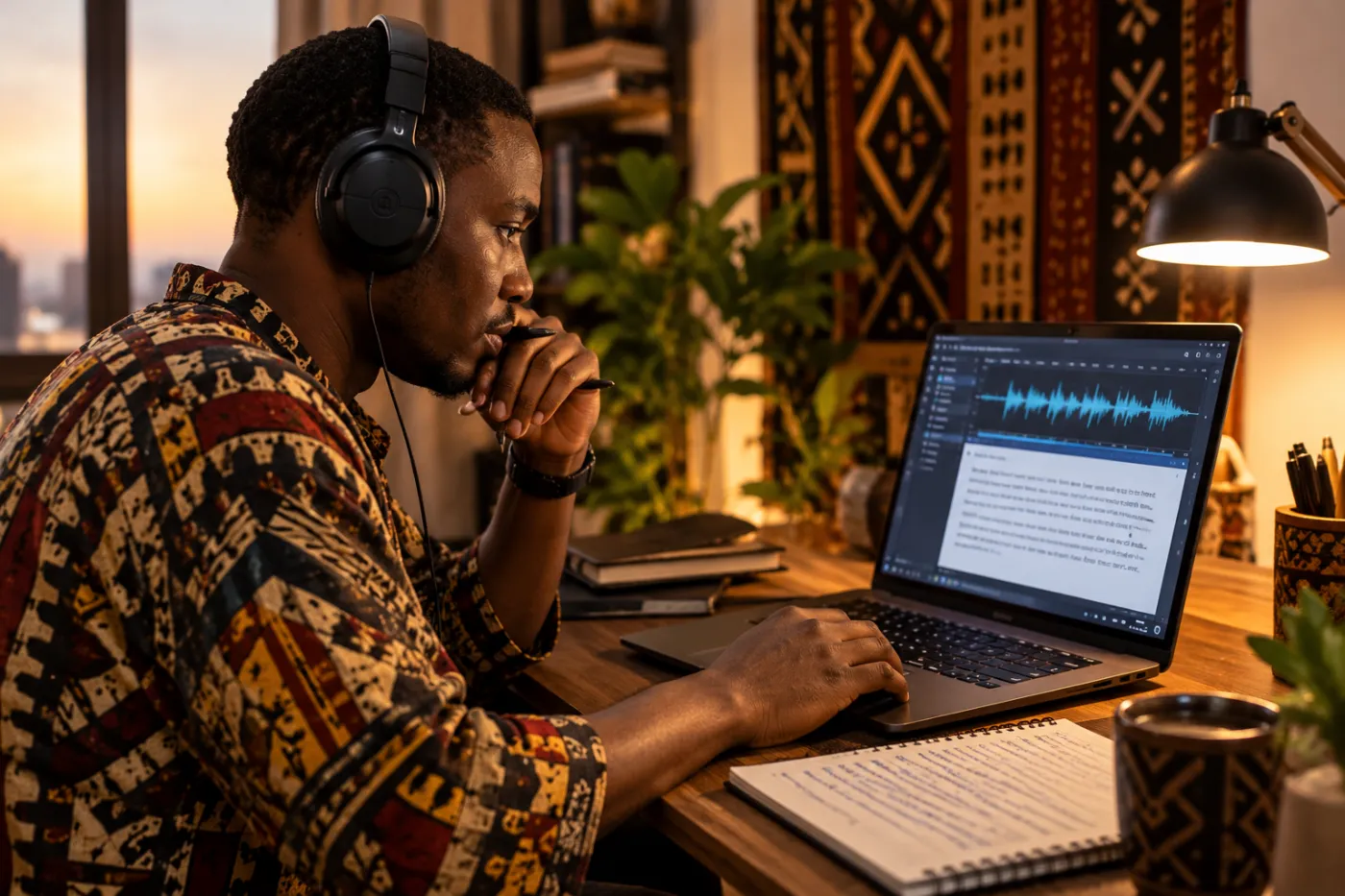 Linguiste africain avec casque transcrivant un enregistrement audio